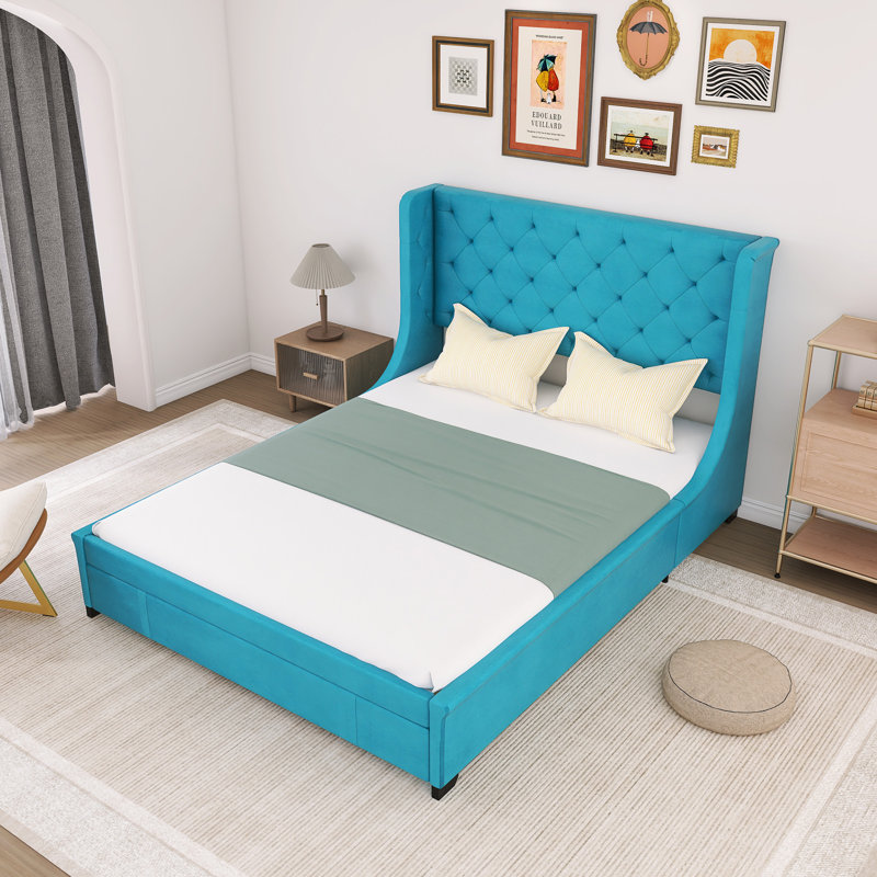 Grand lit avec rangement et grand tiroir, Bleu