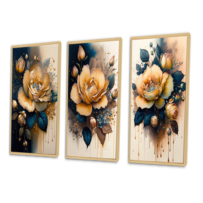 " Yellow And Blue Roses " 3 Piece Art Set, Natural, 32" H x 48" W