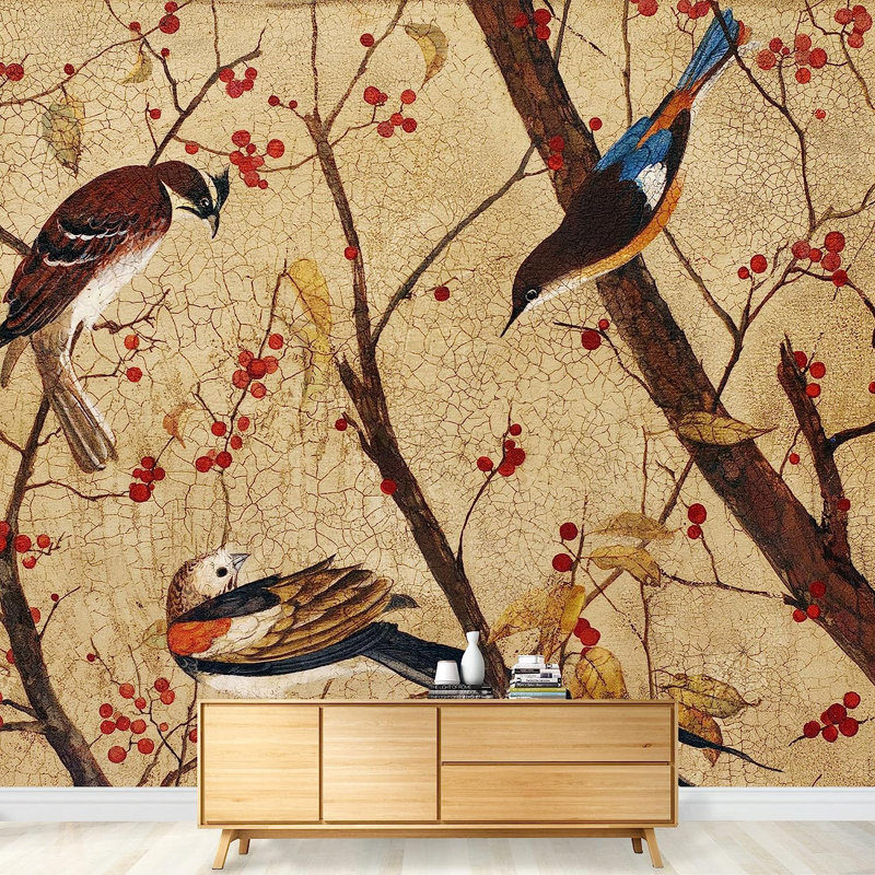 Murale oiseaux sur branches, L 100 po x l 144 po