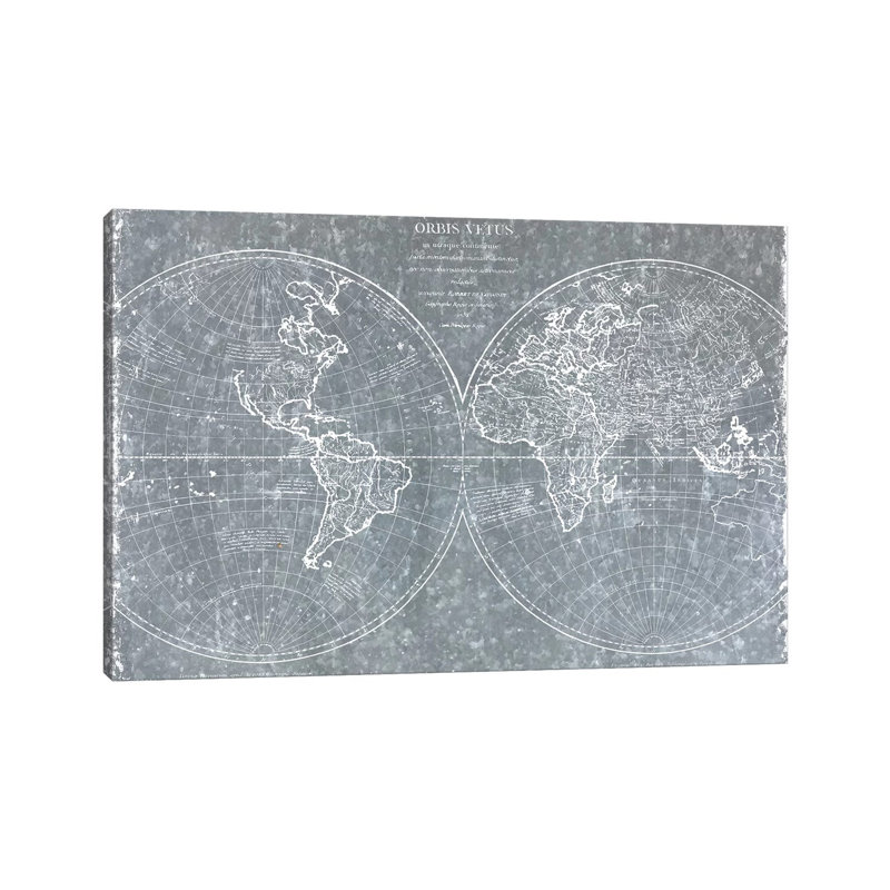 Galvanized World Map - Print on Canvas, Wrapped Canvas, 45.72cm H x 66.04cm W x 3.81cm D