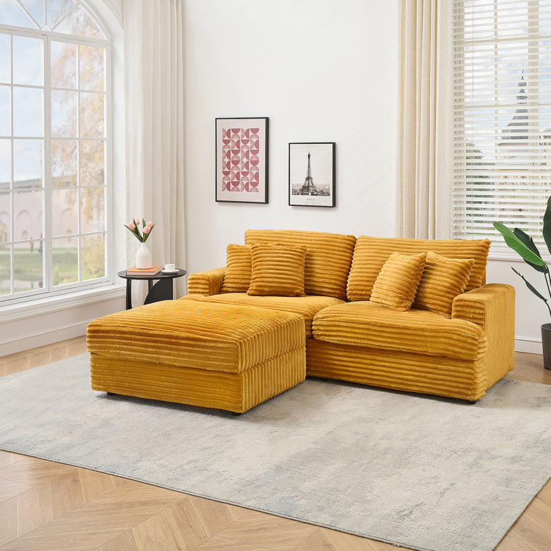 Canapé modulaire en L 79,3 po avec repose-pieds en velours côtelé moderne, Orange