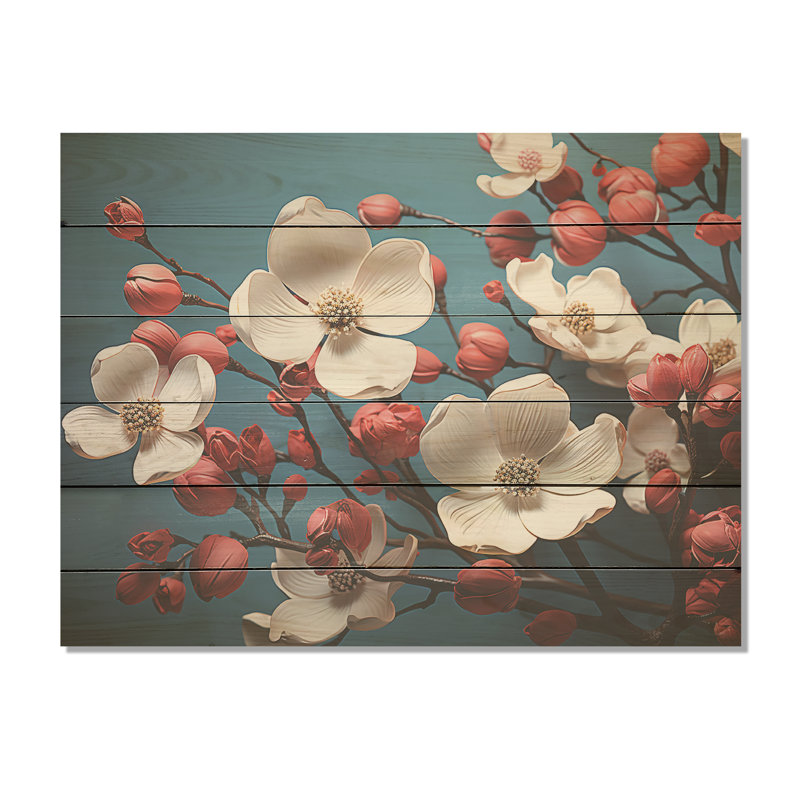Blanc et rose cornouiller I - art mural en bois de cornouiller sur bois de pin naturel, H 10 po x l 20 po