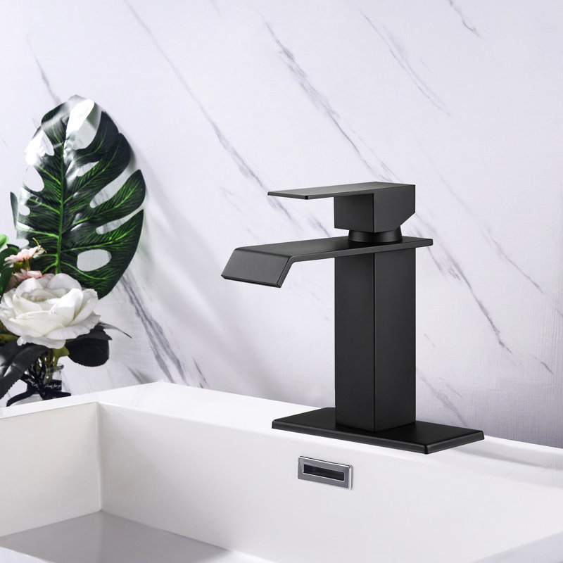 Matte Black Waterfall Spout Bathroom Faucet With Single Handle For Optimal Water Flow, Stainless Steel Sink And Adjustable Handle, Steel,