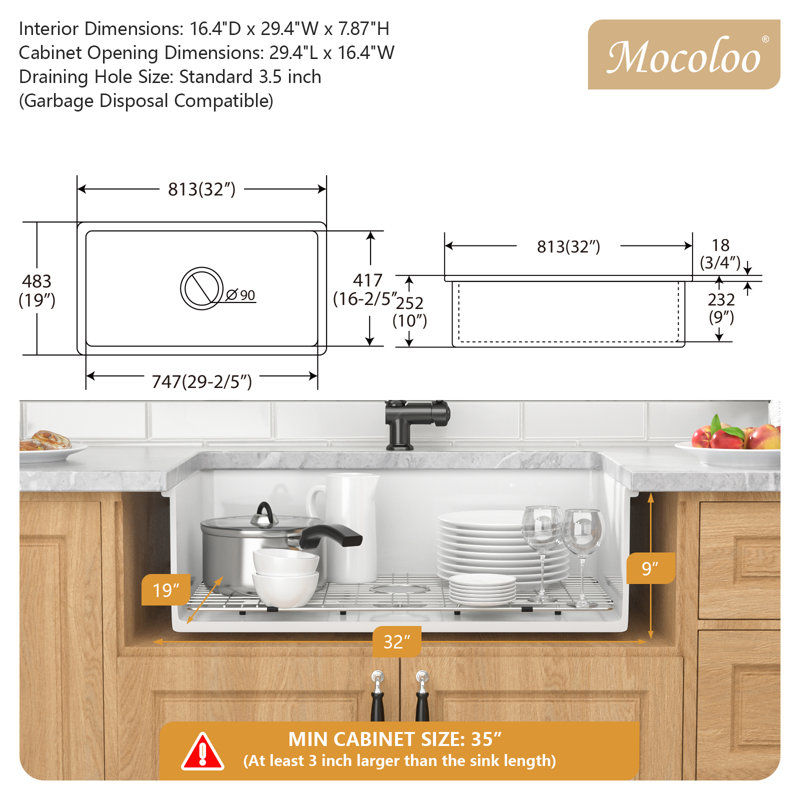 Évier de cuisine rectangulaire en argile réfractaire encastré / encastrable en céramique 32 po x 32 po L 32 po x l 19 po avec grille inférieure et crépine