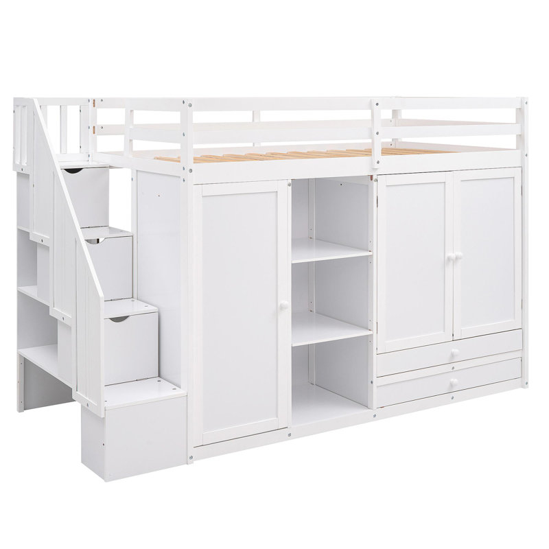 Lit mezzanine fonctionnel avec 3 tablettes, 2 armoires et 2 tiroirs, échelle avec rangement, aucun sommier nécessaire, Blanc