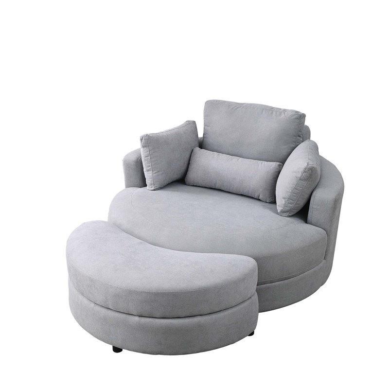 Quamere Swivel Chair with Storage Ottoman,oversized chair,barrel chair,Lounge Club Big Round Chair, Light Gray Linen