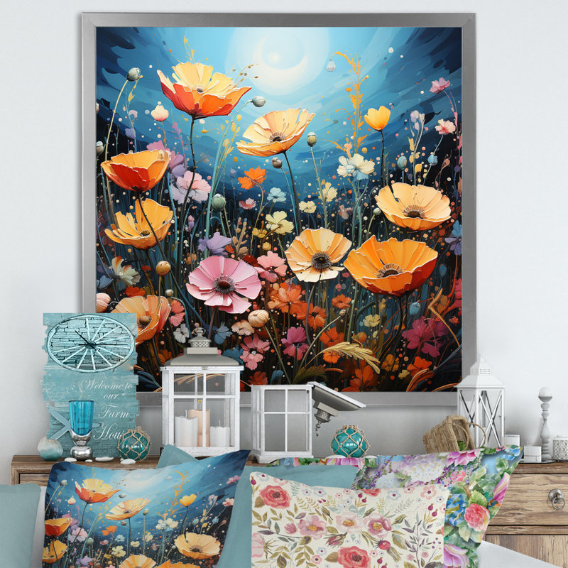 «Wildflowers Vibrant Meadows Pointillism II», reproduction sur toile, H 30 po x l 30 po x P 1 po, Cadre simple argenté