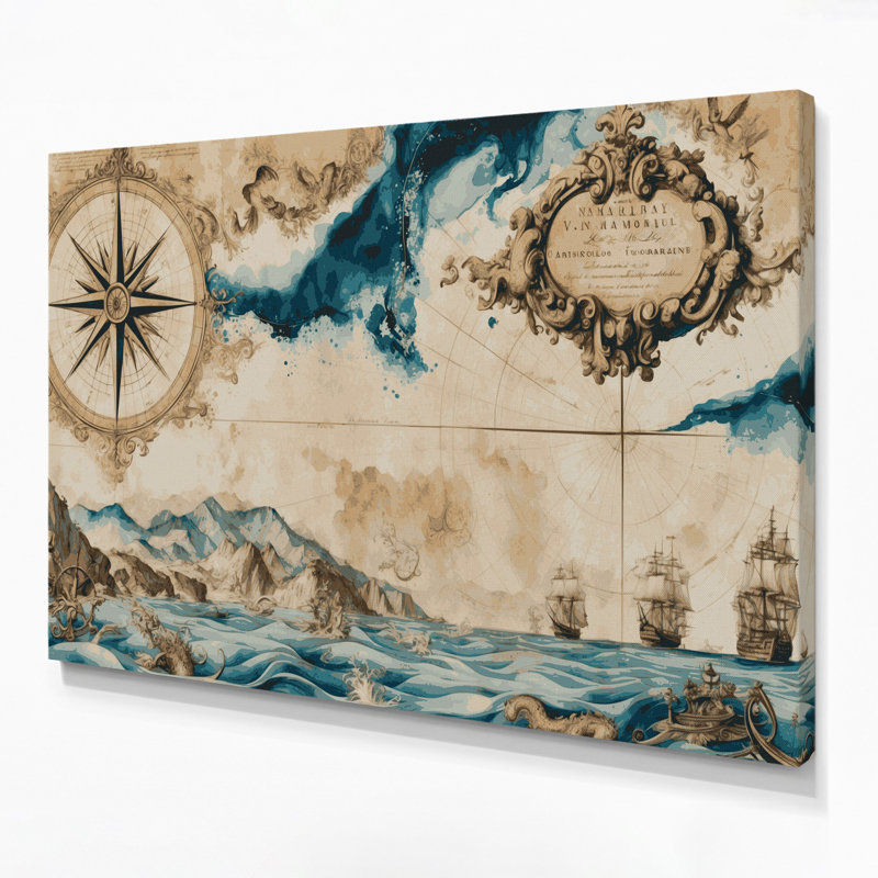 «Coastal Nautical Map Plus», art mural sur toile beige, H 8 po x l 10 po