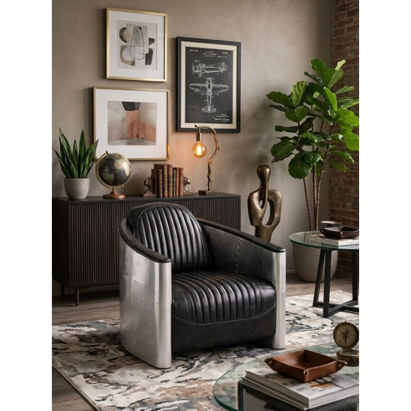 Fauteuil demi-tonneau en cuir véritable de 32 po Duboistown, Cuir véritable noir