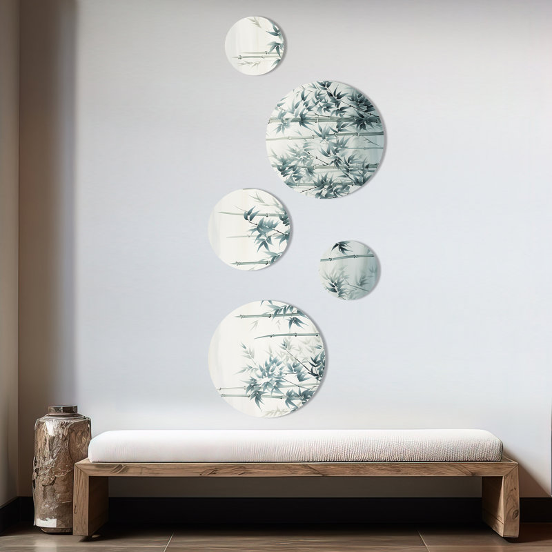 Bambou gris et vert Tranquillity I - China Art, ensemble d'art mural rond de 5