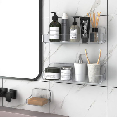 Serviteur de douche avec porte-savon, étagère de douche adhésive en plastique pour tablettes de rangement pour salle de bain (transparent, paquet de 3)
