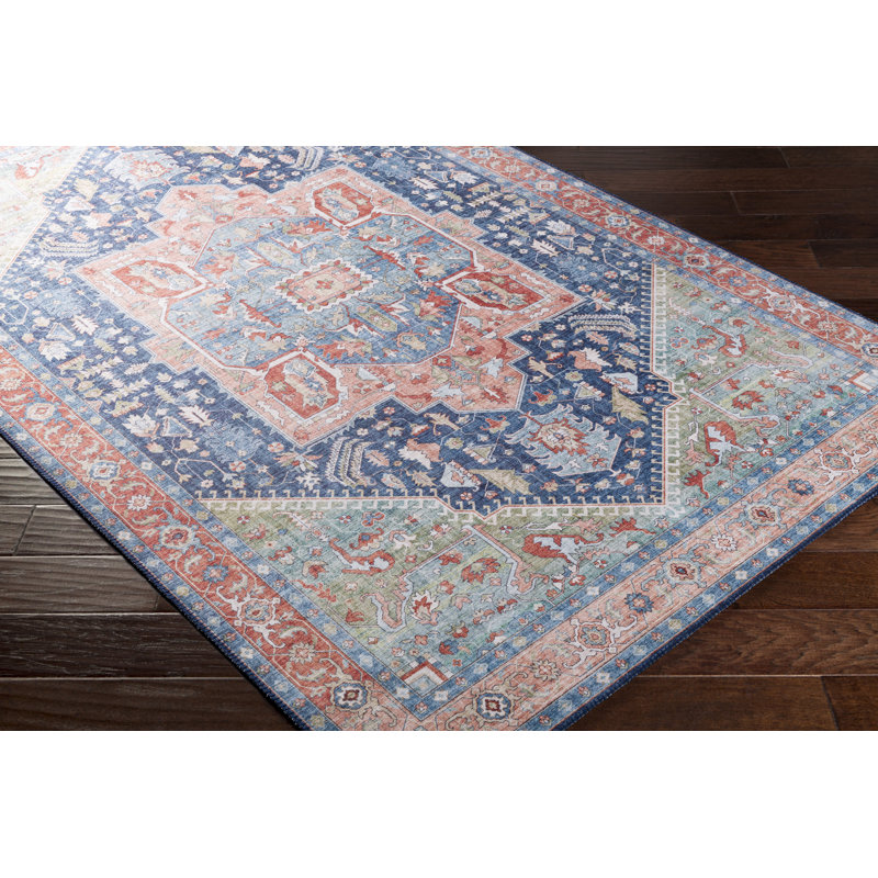 Tapis bleu marine / pêche Fleckenstein, Rectangle 3 pi 6 po x 5 pi 6 po