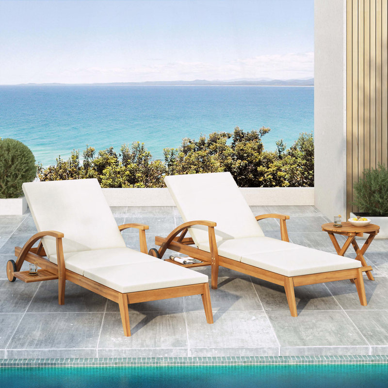 Chaise longue en bois d'acacia avec roulettes et dossier réglable à 4 positions
