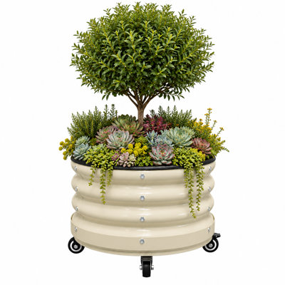 Pot pour arbre roulant en métal 24,4 po, grand pot à fleurs sur roulettes, grand pot à fleurs sur roulettes 20 gallons pour agrumes et oliviers, patio extérieur (blanc perle)