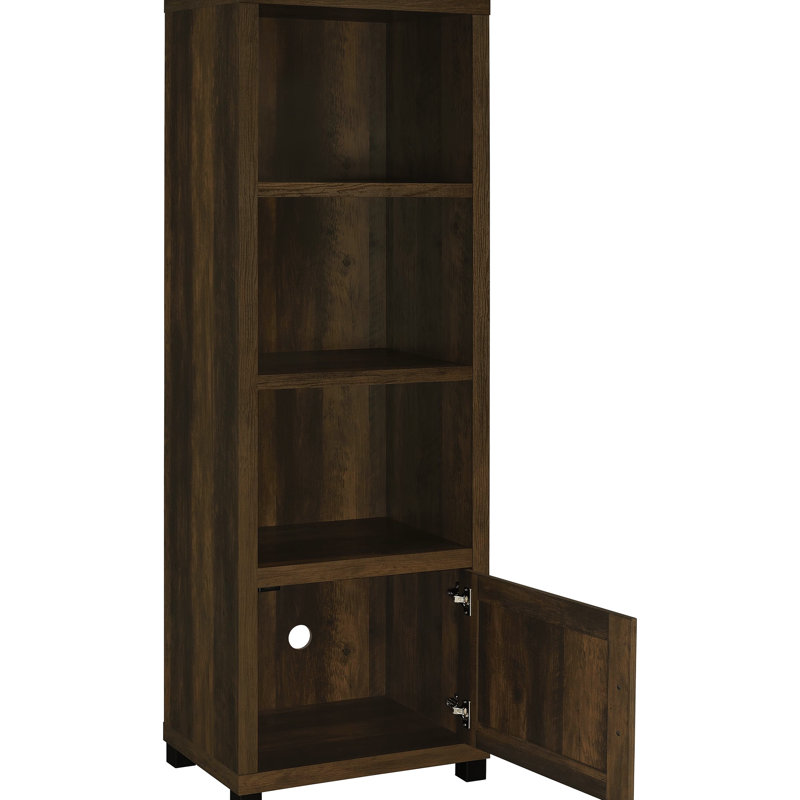 Tour en bois d'ingénierie en pin foncé, conception verticale peu encombrante, 3 tablettes pour un plan de divertissement mis à jour dans des étagères compactes à l'allure rustique et fonctionnelle
