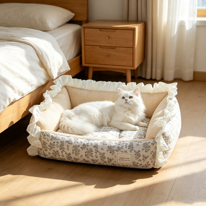 Lit pour chien à volants avec housse amovible et lavable, canapé-lit de style campagnard français pour chat, canapé en coton doux pour animaux de petite et moyenne taille