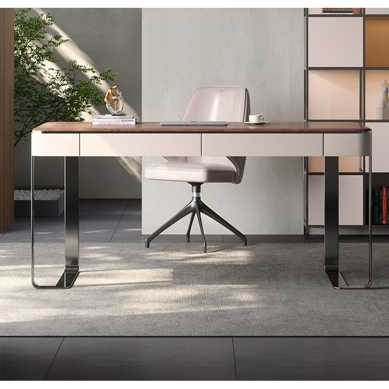 Bureau de direction moderne avec deux tiroirs et pieds en acier inoxydable, H 29,53 po x l 55,12 po x P 23,62 po