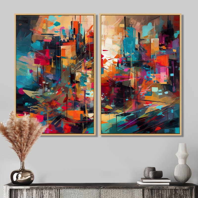 Exploration de la tranquillité abstraite II - grande décoration murale géométrique abstraite 2 pièces, 36'' H x 48'' W