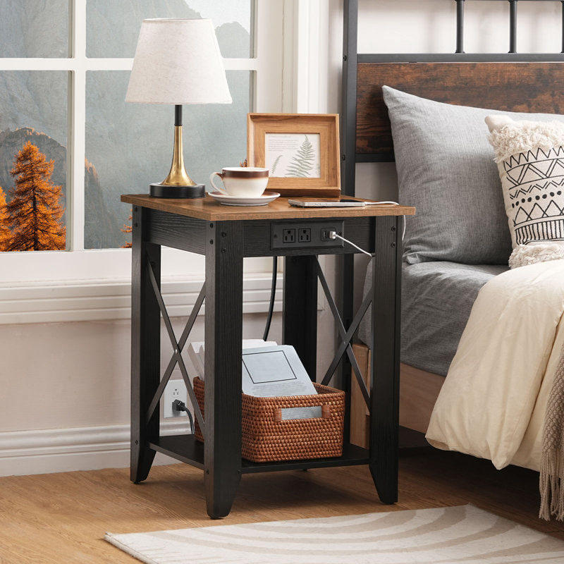 Alonso 23.6'' Tall End Table with Charging Station, Oak Brown Top/Black Base