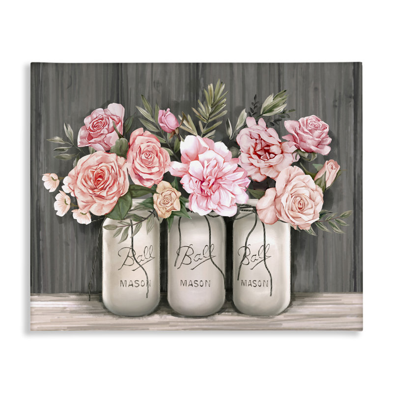 Bouquets de roses roses en fleurs, pots rustiques - peinture, H 10 po x l 15 po