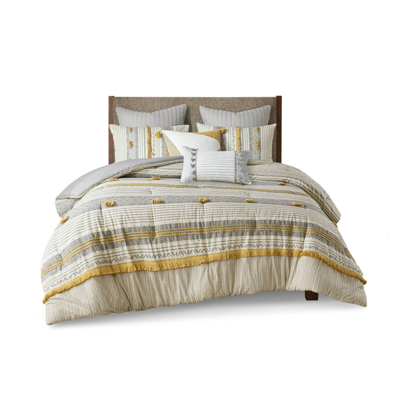 3 Piece Cotton Comforter Set Gray/Yellow Full/Queen