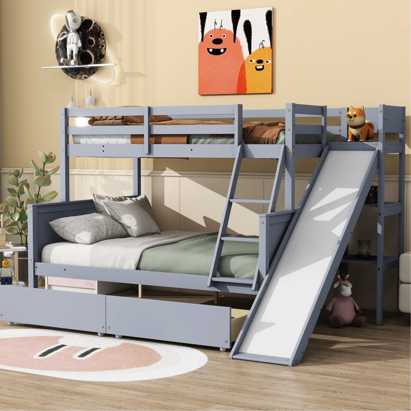 Lit superposé simple au-dessus de double gris avec tiroirs, glissière, tablettes - cadre en bois d'hévéa avec 2 tiroirs et glissière