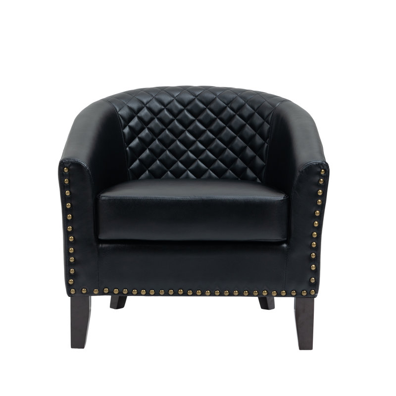 30.12" Wide Tufted Faux Leather Barrel Club Chair, Black Faux Leather