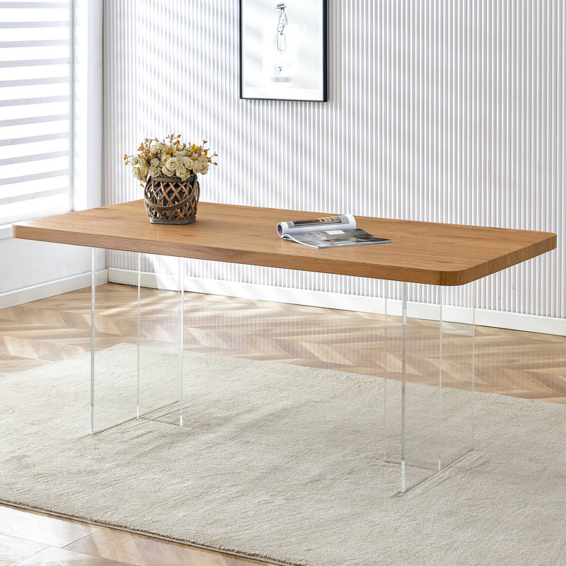 Rectangular Modern Wooden Table With Acrylic Legs - Computer Desk & Dining For Multiple Environments Effortless Install Process Ideal Different Spaces Assembly