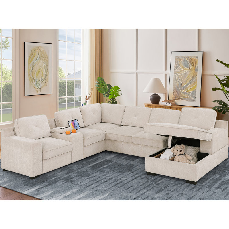 120" Chenille Suqare Arm Sectional Sleeper Sofa U Shaped Sectional Sofa With Pull Out Sleeper Bed With Storage Chaise