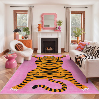 Tapis rose / jaune / noir à motif animal lavable à la machine avec envers antidérapant Tayviona Tigris