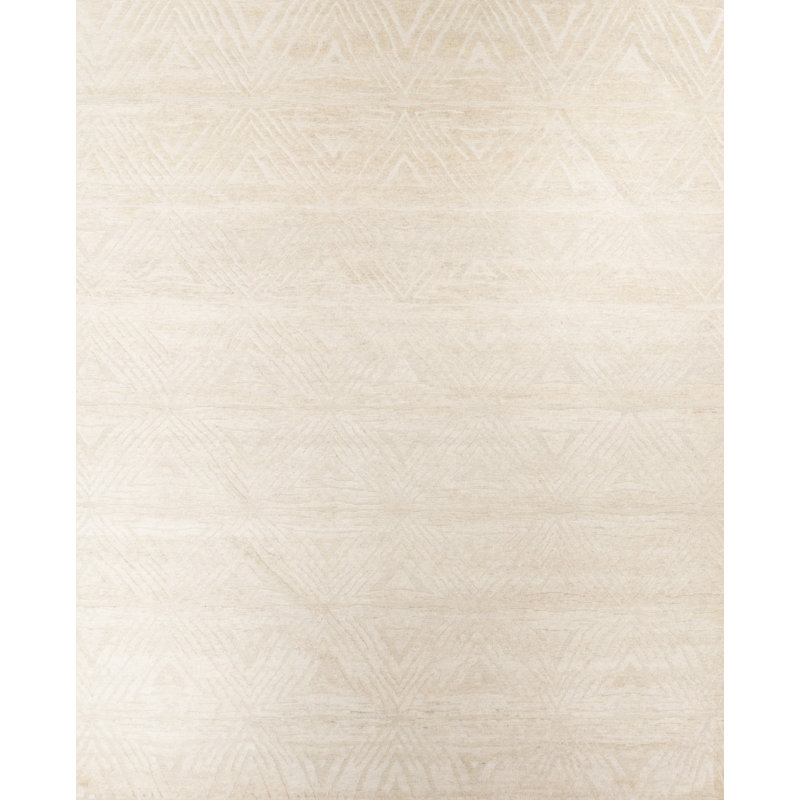 Geometric Hand-Knotted Wool Cream Area Rug, Rectangle 10' x 14'