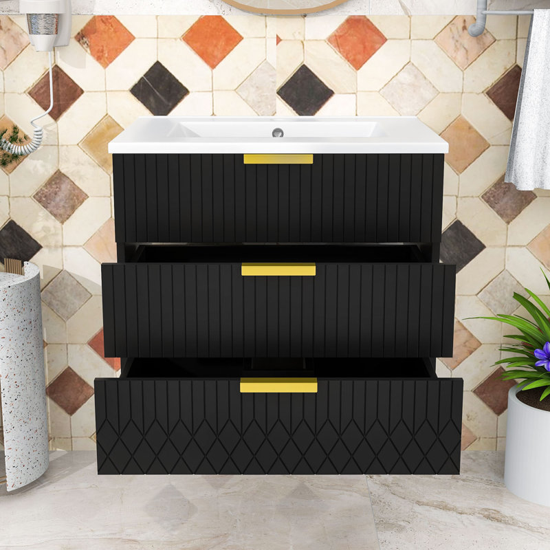 Armoire murale flottante avec 2 tiroirs, Noir