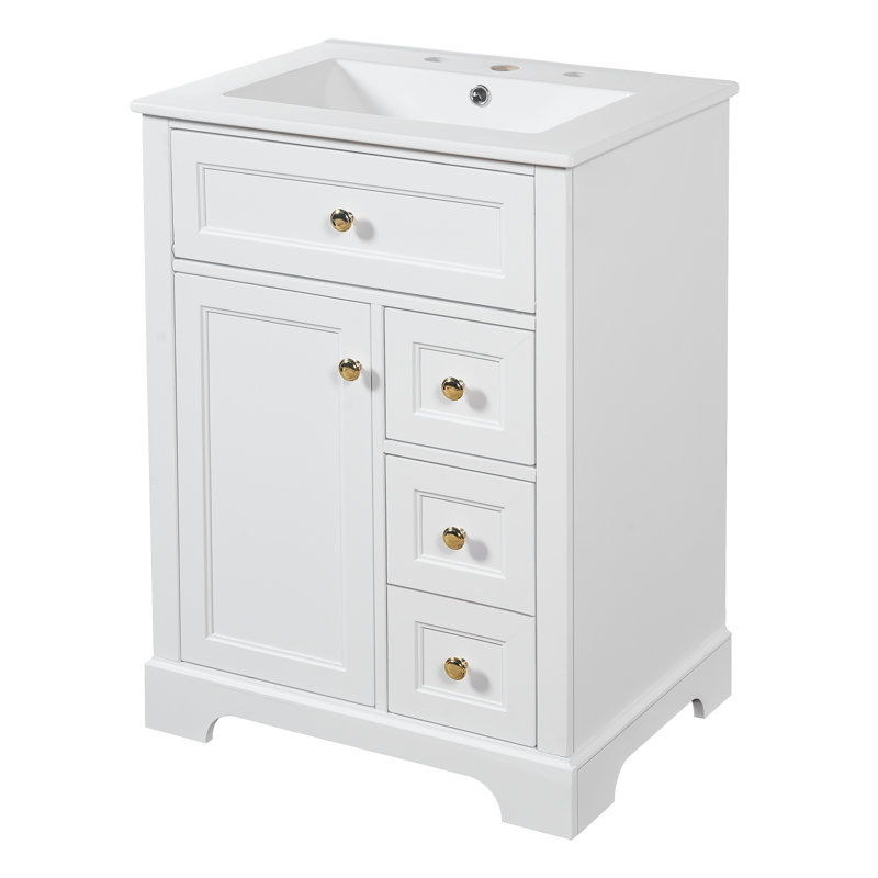 Meuble-lavabo moderne de 24 po avec lavabo en céramique, structure en bois massif, 2 tiroirs latéraux, 1 plateau rabattable et 1 rangement de porte (vert / blanc)
