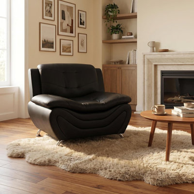 Modern Faux Leather Armchair – Single Seater Sofa With Chrome Legs & Padded Armrests – Contemporary Accent Chair For Living Room, Bedroom, Home Office & Reception Area (Black)