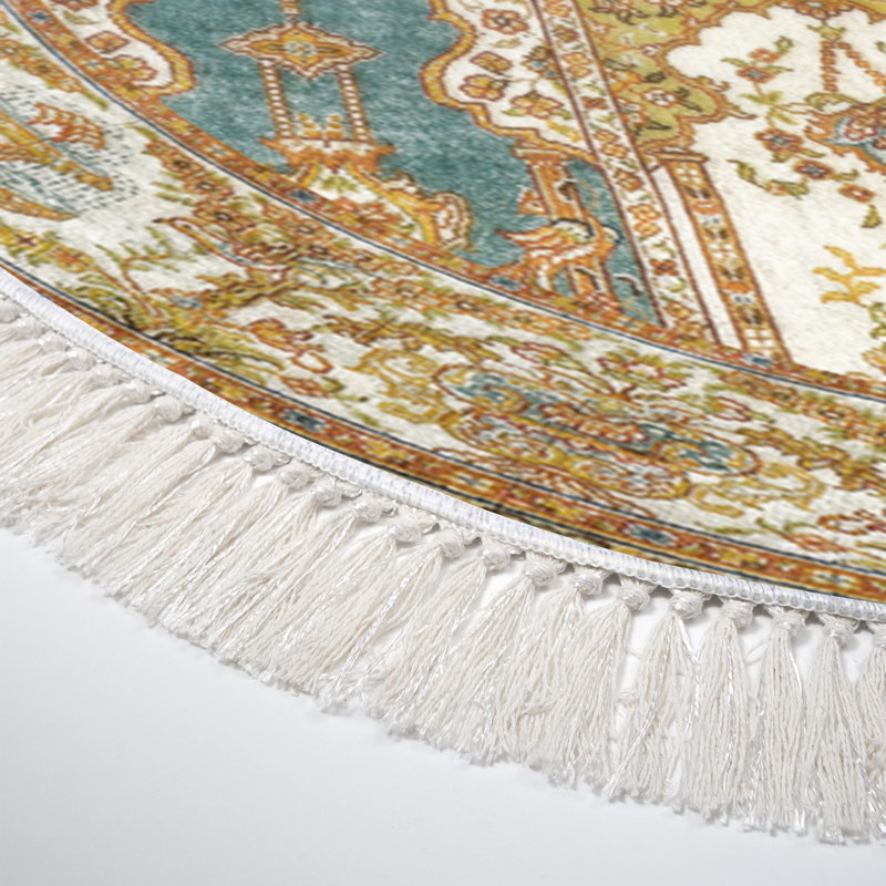 Tapis oriental en polyester tissé à plat à la machine en vert / brun / blanc Waco, Ovale 3 pi 11 po x 5 pi 11 po