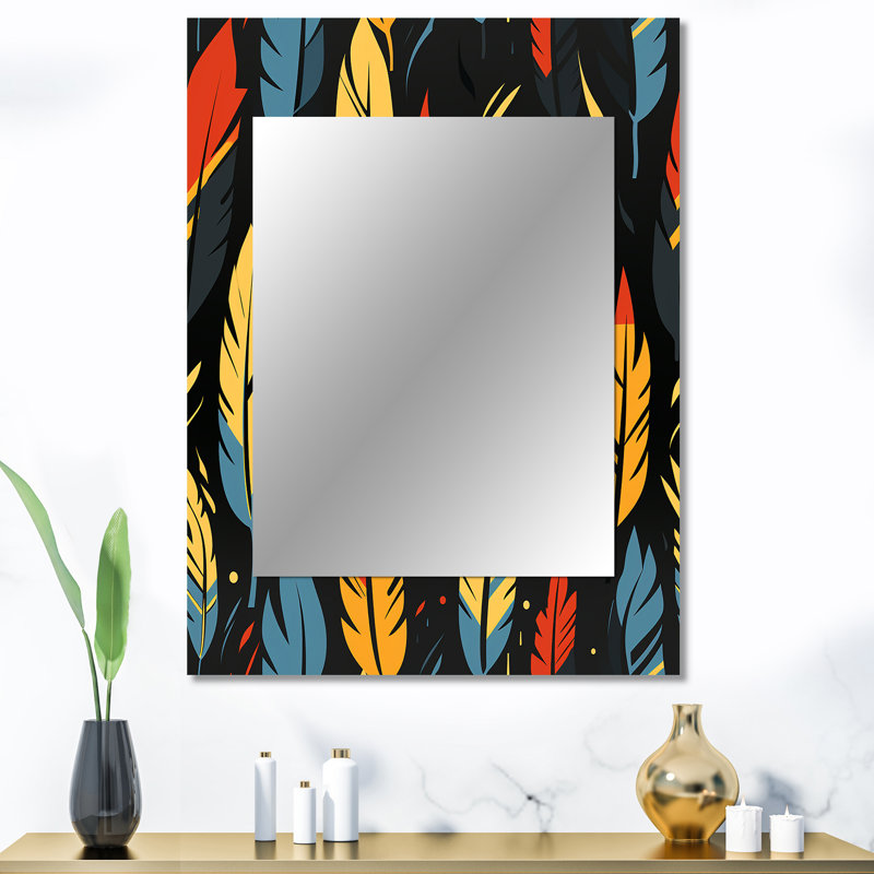 Baheejah Feather Tribal Fusion - Abstract Decorative Wall Mirror, Abstract Mirror, Printed Metal Art, 40" x 30"