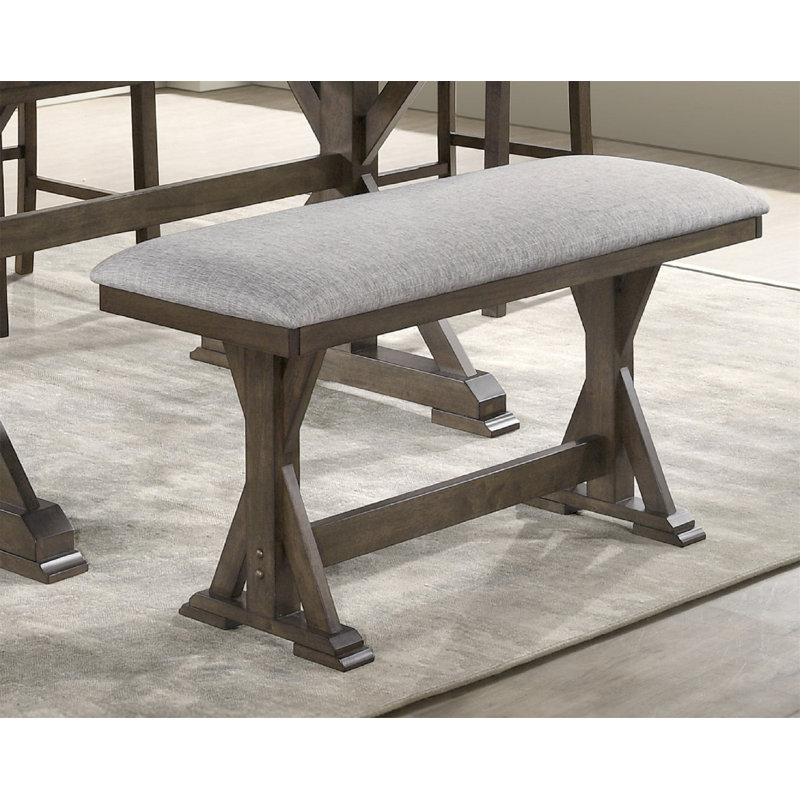 Banc de salle à manger à hauteur de comptoir Omal, bois brun-kaki, tissu gris, 48 pouces, H 24,6 po x l 48 po x P 16 po