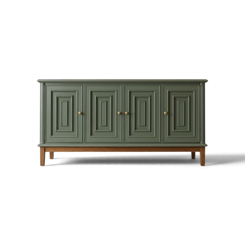 Sage Green Accent Cabinet - 70" Solid Pine 4-Door Sideboard with Brass Knobs