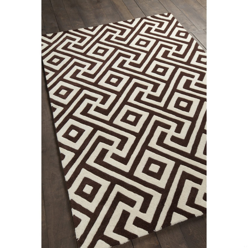 Tapis géométrique moderne en laine touffeté à la main brun chocolat et crème Electra, 7 pi x 10 po