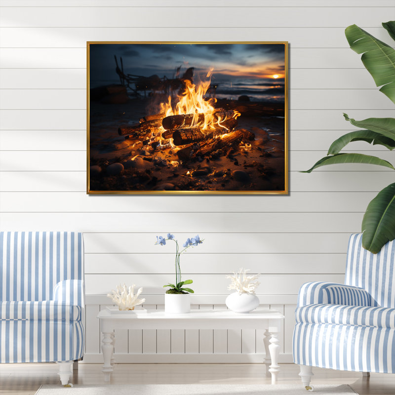 «Coastal Beachside Bonfire II», reproduction sur toile, H 30 po x l 40 po x P 1,5 po, Cadre flottant doré