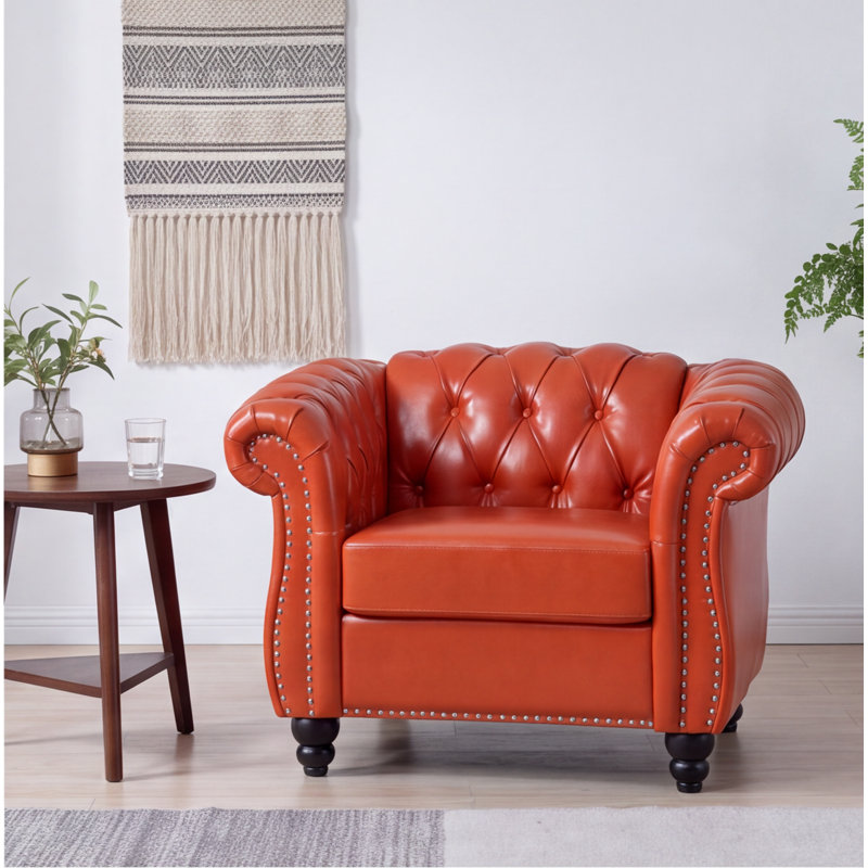 Fauteuil simple en similicuir orange, fauteuil d'appoint de 39 po de large avec dossier capitonné, pieds en bouleau massif, capacité de 220 lb