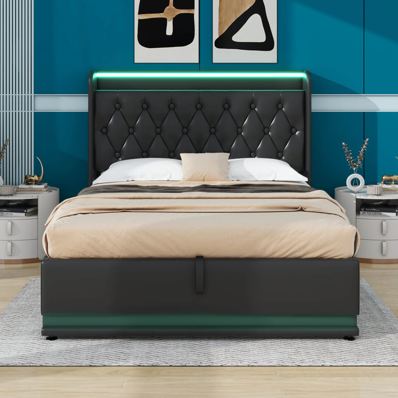 Upholstered Bed, 360 Surround LED Function, Buttons/Apps/Remote Control, Hydraulic Storage Bed With USB Type-C Charging, Full