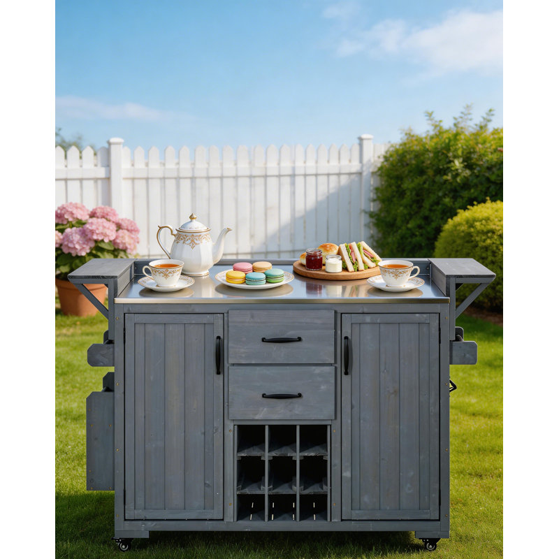 Chariot multifonctionnel pour îlot de cuisine avec plateau en acier inoxydable, armoire de rangement, tiroir et support à vin