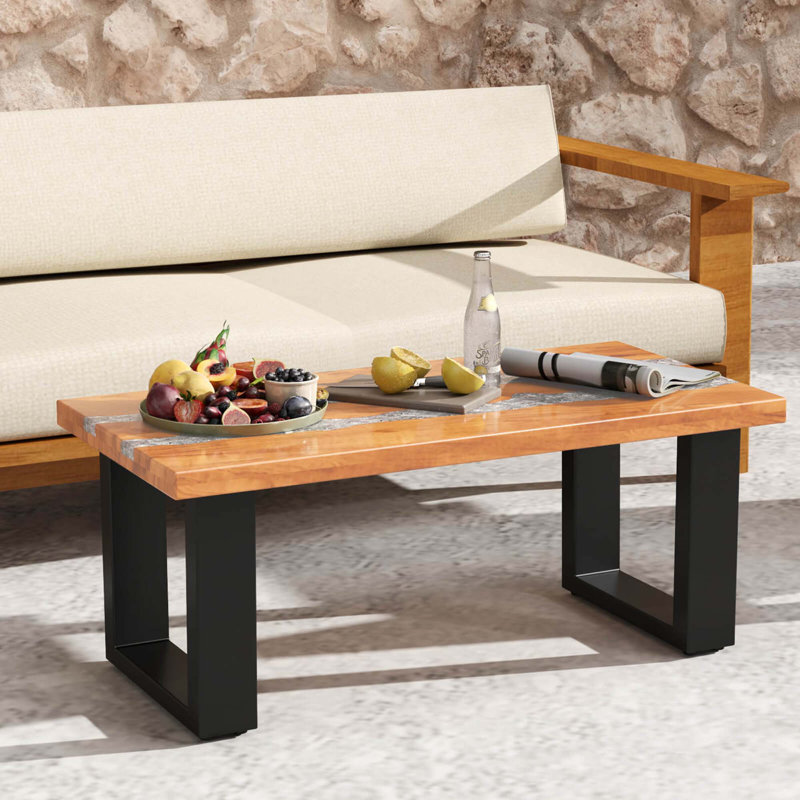 Teak Wood Patio Table With  River Feel Epoxy Tabletop Indoor Outdoor Side Table