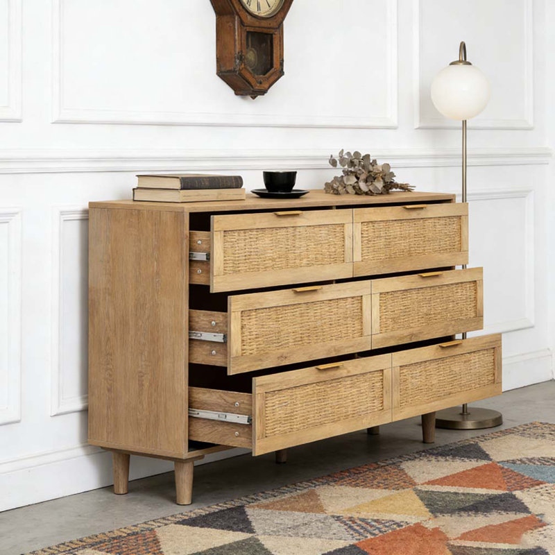 Armoire de rangement 51,18 "à 6 tiroirs en rotin, Noir
