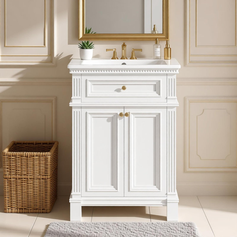 Armoire de salle de bain 24 po Vintage Elegance avec portes à fermeture douce et tablette réglable, meuble-lavabo avec lavabo en céramique