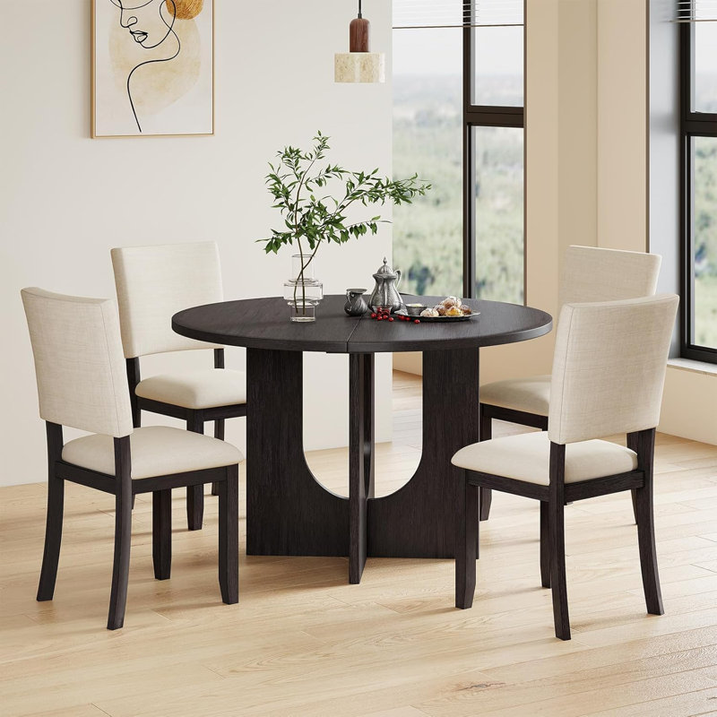 Ensemble de salle à manger rond 47,3 po avec 4 chaises rembourrées, ensemble de table de salle à manger moderne pour 4, ensemble de table de salle à manger 5 pièces pour salon, cuisine, noir antique et beige