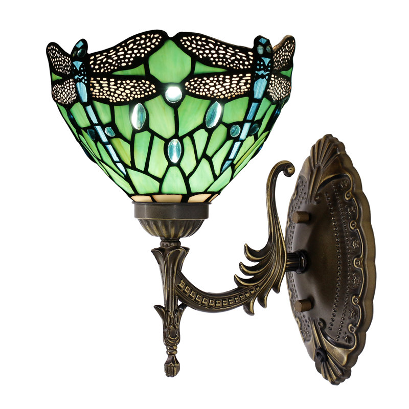 Lampe de chevet murale en verre coloré 8 x 10,5 x 11 pouces Tiffany pour couloir (style libellule verte), Libellule verte