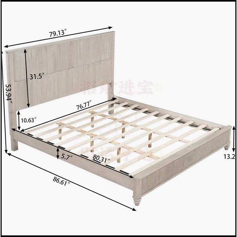 Base de lit plateforme haute en bois massif, Beige, Très grand