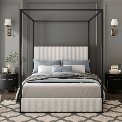 Modern Luxury Metal Canopy Bed With Tall Upholstered Headboard And Four Poster, No Box Spring Needed,Queen